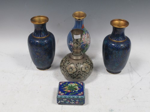 Lot 146 - A pair of blue ground cloisonne vases together...