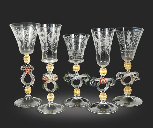 Lot 717 - Five Façon de Venise glasses in 17th century style
