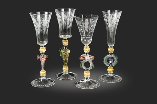 Lot 719 - Four Façon de Venise glasses,  in 17th century style