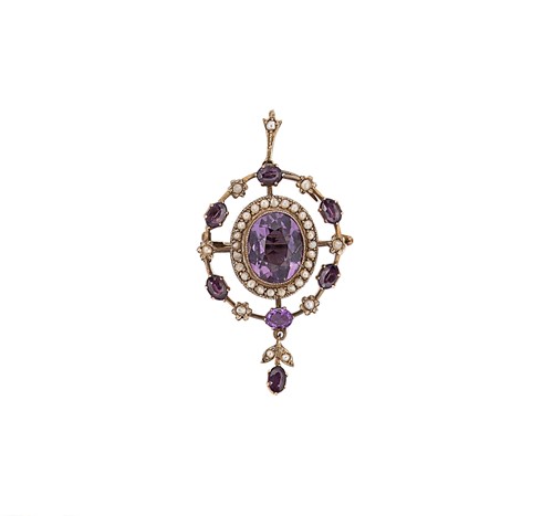 Lot 98 - An early 20th century amethyst and split pearl pendant/brooch