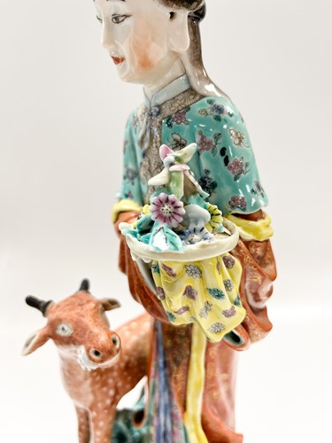 Lot 1 - Two similar Chinese enamelled porcelain figures of the Immortal Magu with deer, late Qing Dynasty