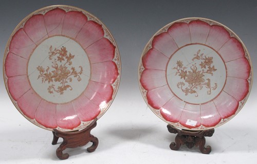 Lot 4 - A pair of Chinese lotus leaf pattern plates...