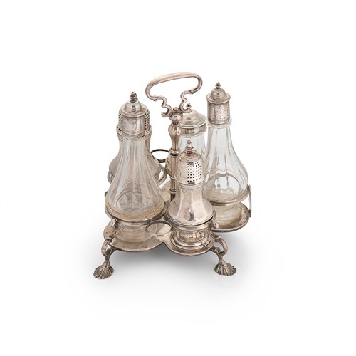 Lot 570 - A George II silver 5 bottle cruet stand with later cruets