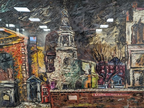 Lot 444 - A street scene with church, oil on board,...