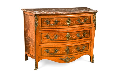 Lot 514 - A French Louis XV style marble top rosewood and marquetry commode