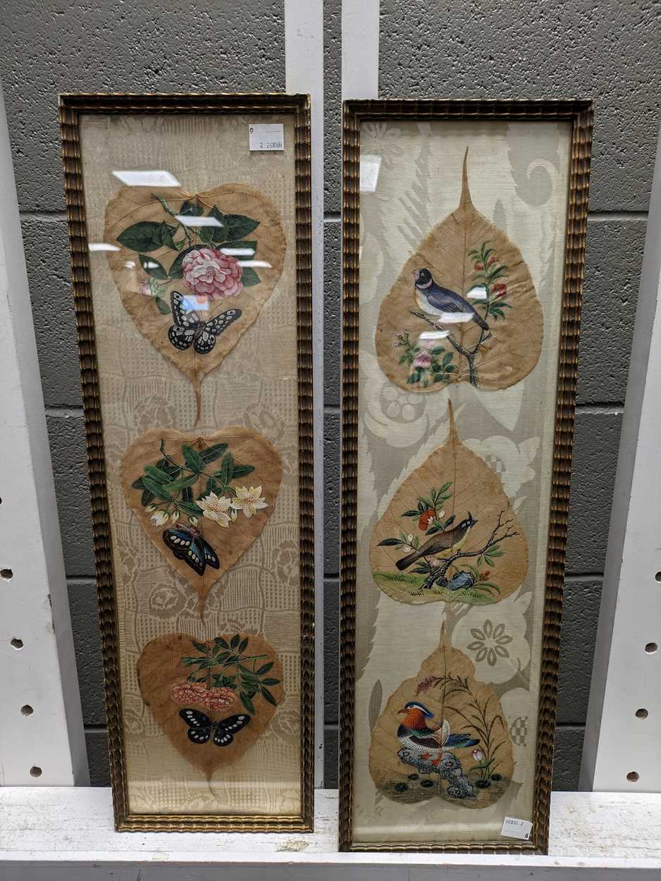 Lot 518 - Six Chinese leaves painted with butterflies,...