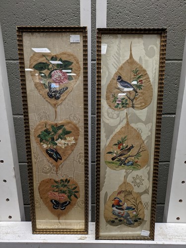 Lot 518 - Six Chinese leaves painted with butterflies,...