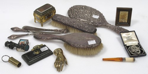 Lot 333 - Silver backed brushes and mirror, match case...