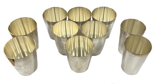 Lot 505 - A set of six German metalwares silver stacking shot cups together with a further two pairs