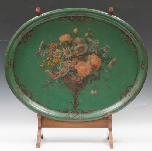 Lot 48 - A Victorian green oval papier mache tray...