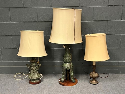Lot 707 - Two Chinese bronze Archaic style lamps, 75cm...