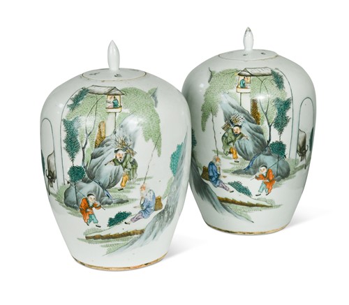 Lot 45 - A pair of Chinese porcelain ovoid vases and covers, Republic Period