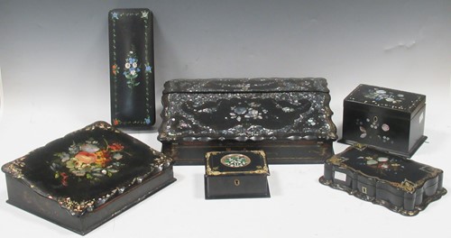 Lot 10 - Six Victorian papier mache and decorated boxes...