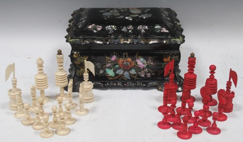 Lot 53 - A Victorian papier mache box and Indian bone...