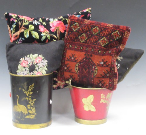 Lot 202 - Two painted tole pails and 3 tapestry cushions