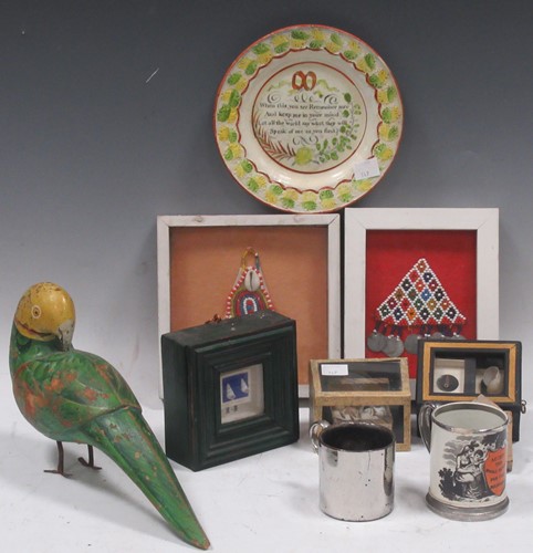 Lot 9 - A painted wood parrot, miniature shell boxes,...