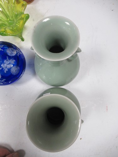 Lot 16 - A Poole pottery vase, pair of celadon colour...