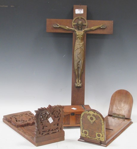 Lot 36 - An oak backed bronze crucifix, 56cm high; a...