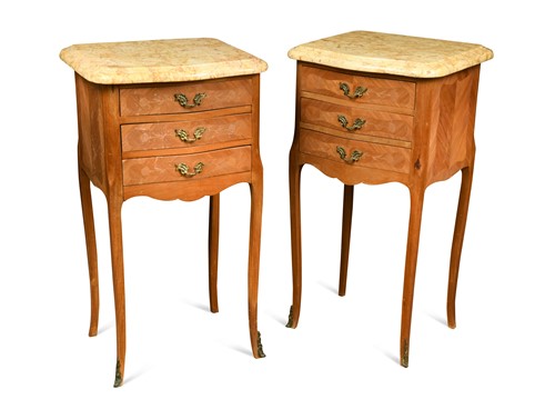 Lot 617 - A pair of marble top walnut parquetry commodes, 20th century