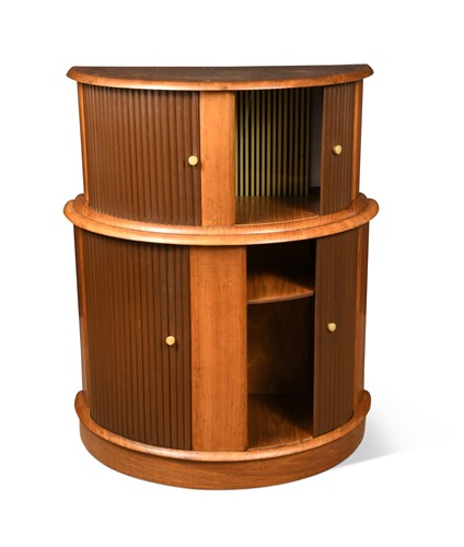 Lot 236 - An Art Deco tambour fronted walnut cocktail cabinet of small proportions