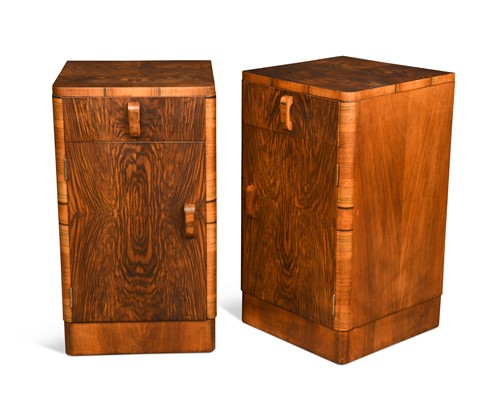 Lot 234 - A pair of Art Deco well-figured walnut bedside cabinets