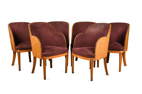 Lot 237 - In the manner of Harry & Lou Epstein, a set of six Art Deco walnut cloud-back dining chairs