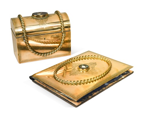 Lot 728 - A polished bronze and pietra dura stationery box and blotter, 19th century
