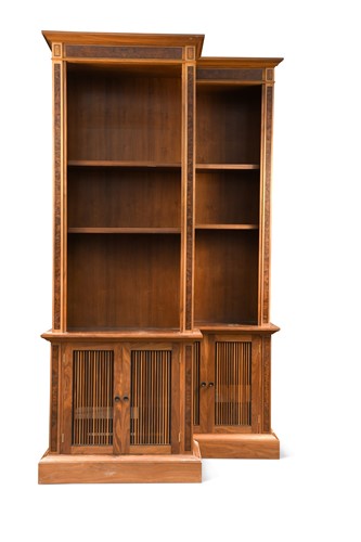 Lot 298 - In the manner of David Linley, a tall pair of walnut and burr walnut bookcases