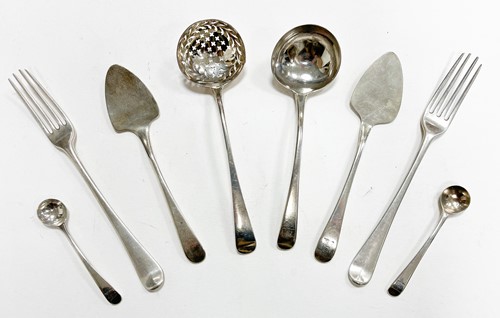 Lot 580 - A 64-piece set of George III 18th century silver flatware with 29 additions