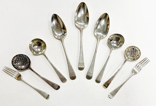 Lot 575 - A 34-piece set of George III 18th century silver flatware with 55 additions