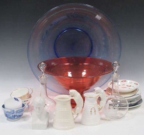 Lot 36 - A large red glass stem bowl, a large blue...