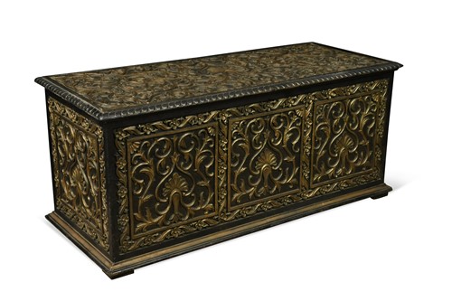 Lot 567 - An Eastern carved wood coffer chest, 19th century