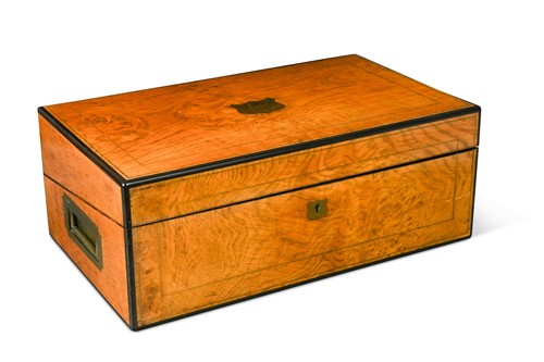Lot 741 - A figured oak campaign writing box, 19th century
