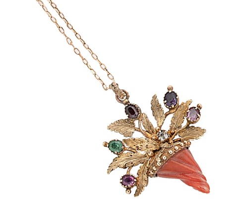 Lot 51 - A Victorian coral and multi gemset cornucopia 'regard' pendant