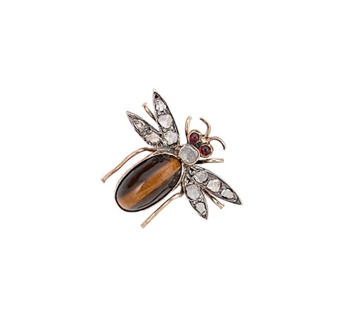 Lot 13 - A Victorian tiger's eye and diamond insect brooch