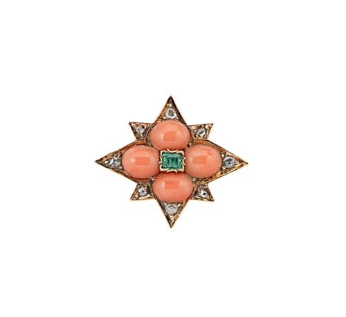 Lot 56 - A Victorian emerald, coral and diamond star brooch