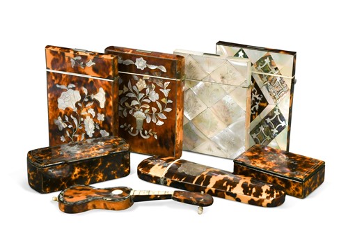 Lot 715 - A collection of four Victorian tortoiseshell and mother-of-pearl card cases