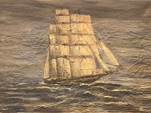 Lot 613 - British School Ship in rough seas oil on...