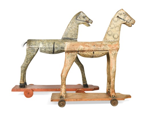 Lot 464 - Two primitive painted model pull-along horses, late 19th/early 20th century