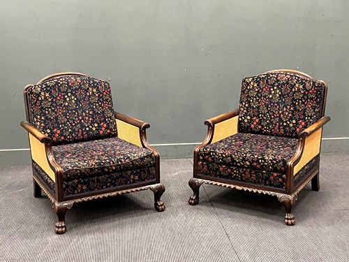 Lot 733 - A pair of Edwardian caned armchairs with lion...