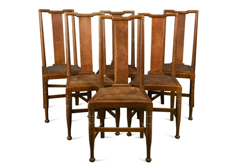 Lot 213 - Attributed to WIlliam Birch for Morris & Co., a set of twelve oak 'Hampton Court' dining chairs
