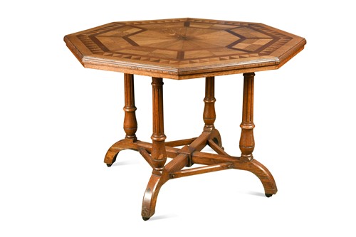 Lot 203 - Howard & Sons, a late 19th century Gothic taste parquetry decorated oak centre table
