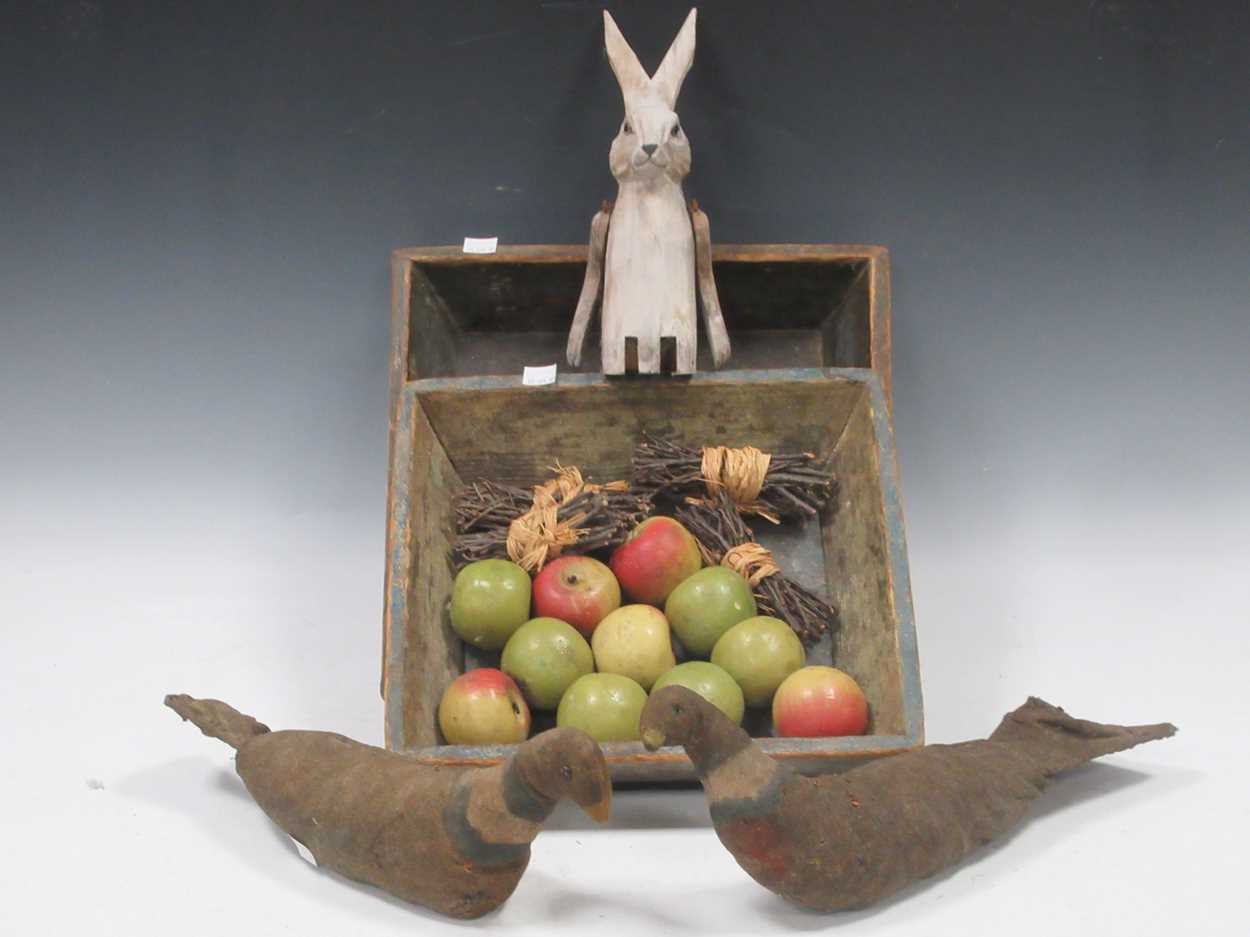 Lot 22 - Two painted pine trays containing faux apple candles, 2 model pigeons