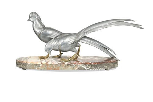 Lot 75 - A large French Art Deco silvered spelter model of two pheasants by Guislain, circa 1930s