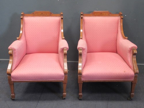 Lot 684 - Pair of Edwardian armchairs with inlaid...