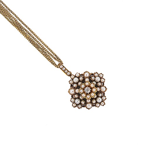 Lot 181 - A split pearl and diamond pendant and chain