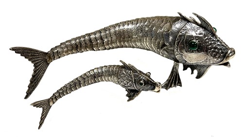 Lot 483 - Two mid-20th century Spanish metalwares silver articulated fish ornaments