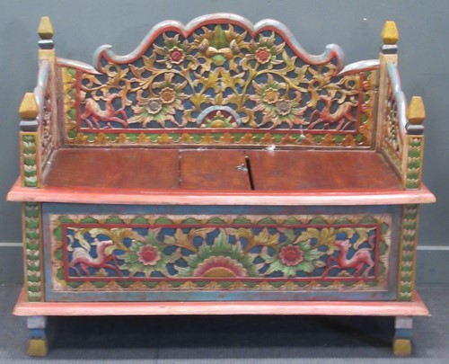 Lot 682 - A brightly decorated continental bench seat,...