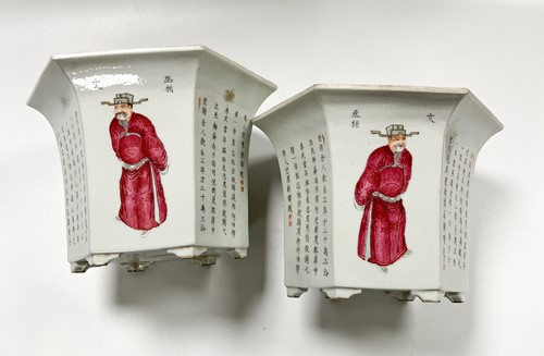 Lot 25 - A pair of Chinese Wu Shuang Pu porcelain hexagonal jardinieres