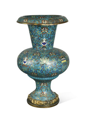 Lot 76 - A Chinese cloisonné enamel and gilt bronze pedestal trumpet vase, Qianlong Emperor ,18th century